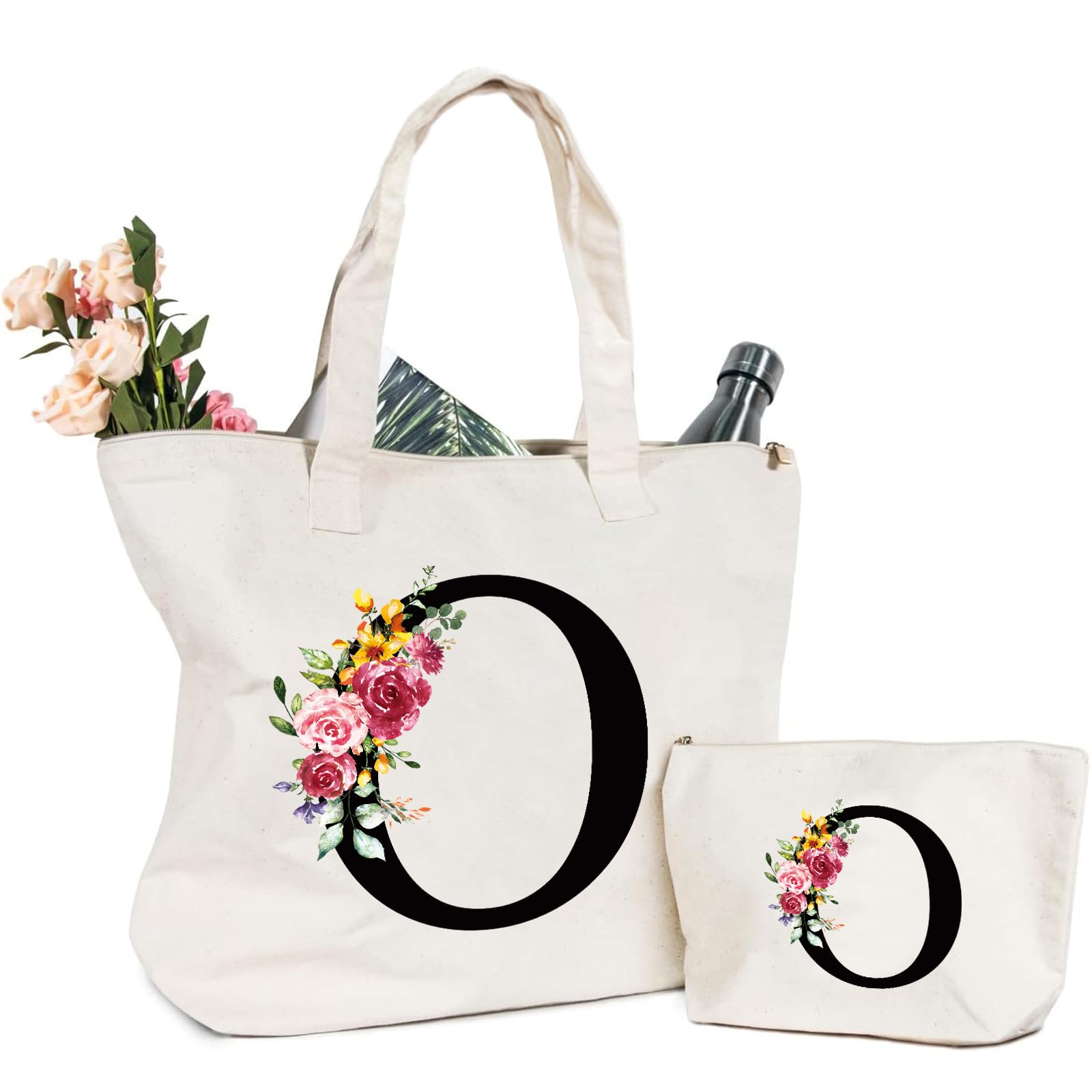 Sinekong Letras Personalizadas Bolsa de lona, Bolso Tote de Mujer con Inicial y Flores Bolsa de Compras con Bolsillo Interior Alfabeto Bolso de Cosméticos Regalos para Damas Amigas Mamá Regalo Cumpleaños