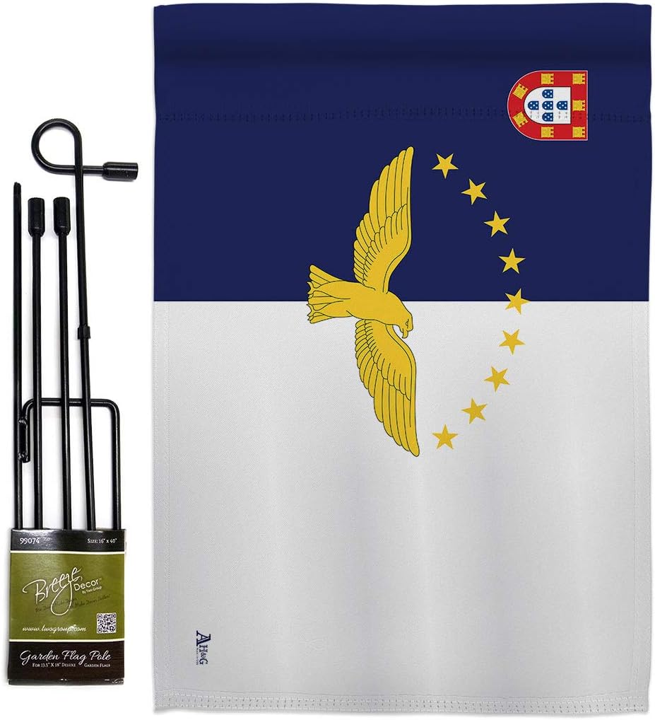 Azores Garden Flag Set with Stand Regional Nationality Nation International World Country Particular Area Small Decorative Gift Yard House Banner Double-Sided Made In USA 13 X 18.5