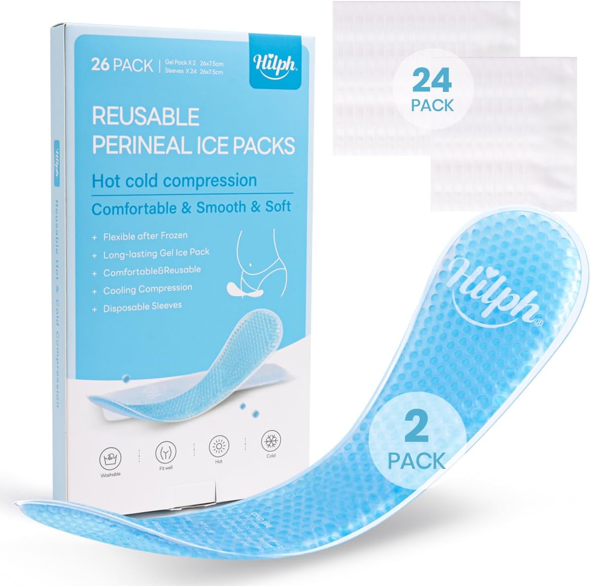 Hilph 2 Perineal Ice & Cold Packs with 24 Disposable Sleeves for Postpartum