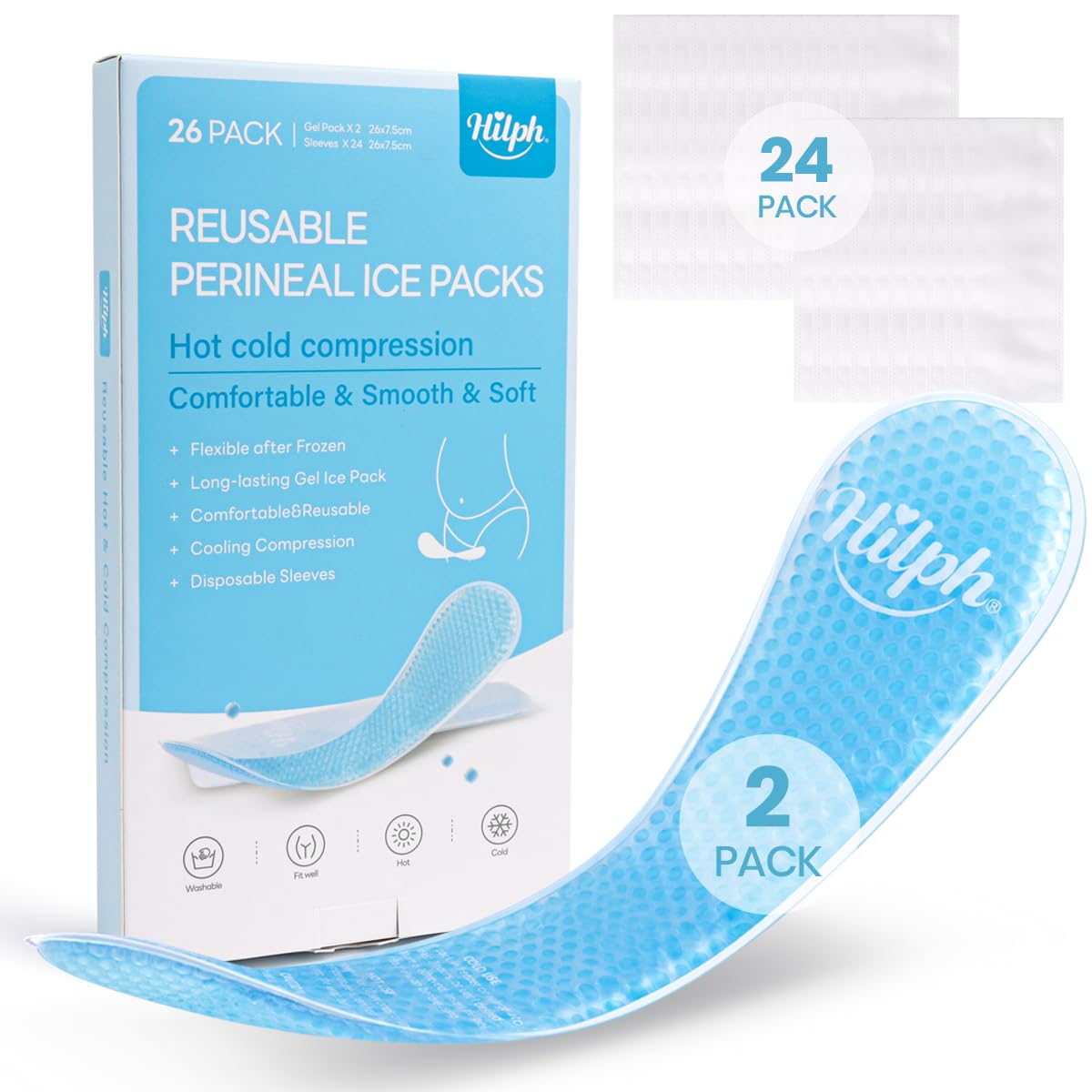 Hilph Compressa Gel Fredda Calda Postpartum, 2 Nuclei Riutilizzabili + 24 Custodie Usa e Getta, Cuscinetto Refrigerante Perineale per Recupero Post Parto, Emorroidi, Gonfiore
