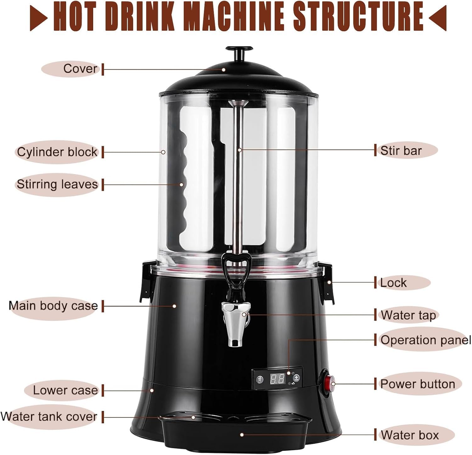 Machine à chocolat chaud efficace de 10 litres pour un usage commercial, facile à utiliser et à nettoyer, pour hôtels, restaurants et cafés (10 l)