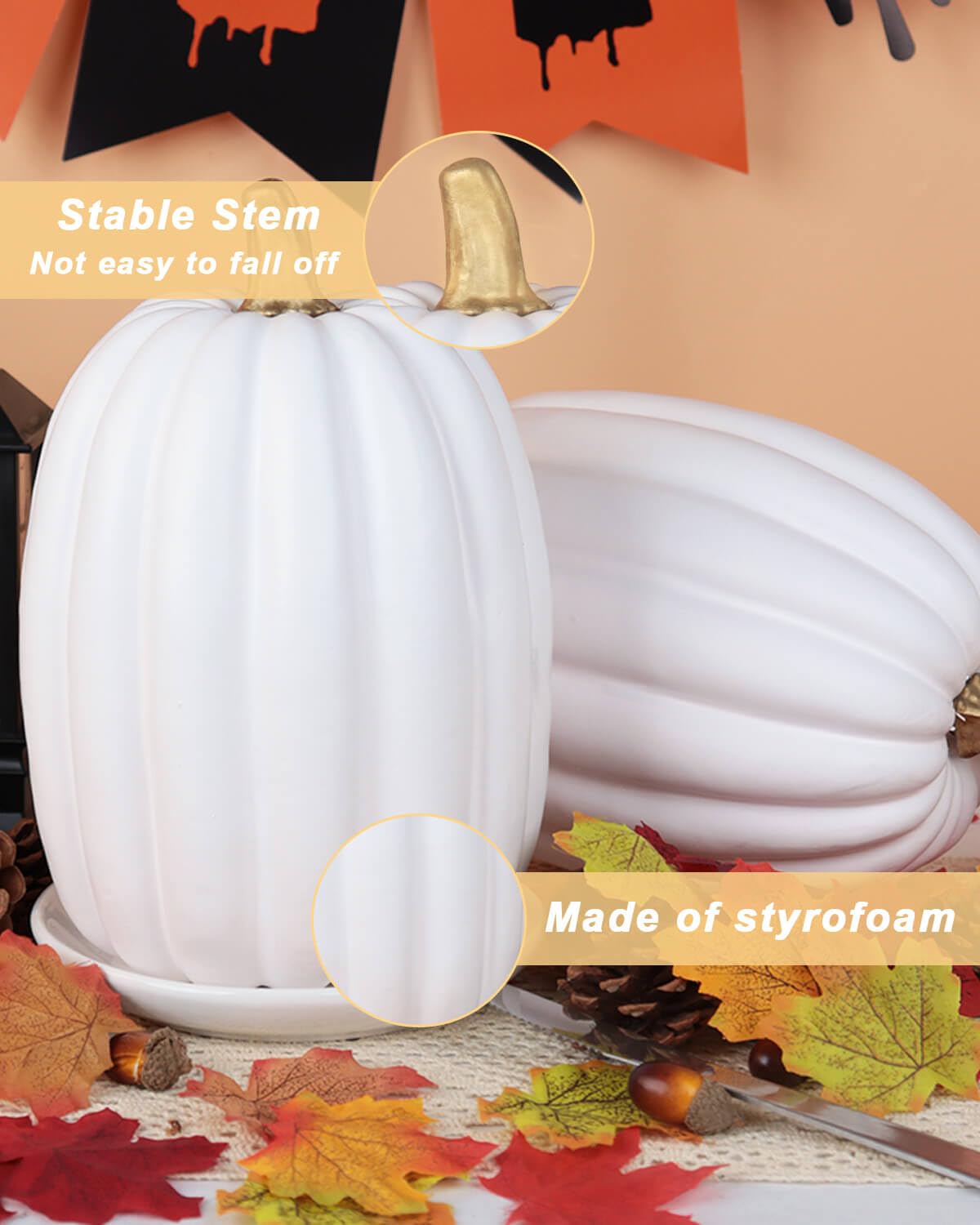 vensovo Calabazas blancas grandes de 8.5 pulgadas para decorar, 2 calabazas decorativas de espuma grande para decoración de otoño, calabazas artificiales pintables, perfectas para decoración de