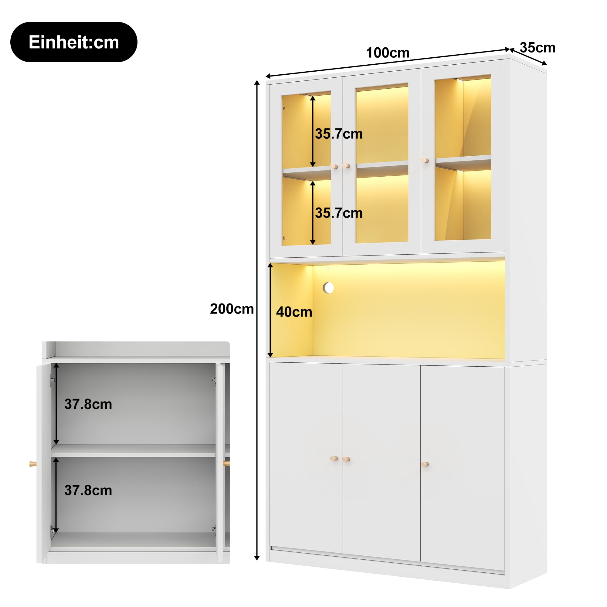 Vitrina LED, Vitrinas de Cristal con Espacio de Almacenaje, Alacena de Cocina con 6 Puertas, Mueble Auxiliar con Gestión de Cables, Vitrina Expositora Armario Alto, 100x35x200 cm, Blanco