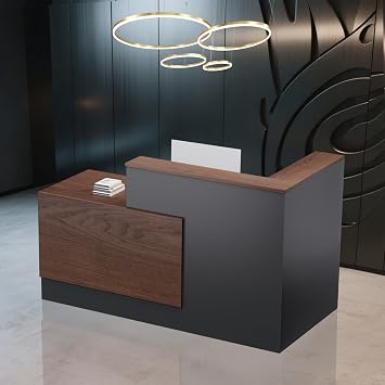 L-Shaped Large Wooden Reception Desk, Modern Front Desk Reception Counter with Lockable Drawers & Storage & Keyboard Tray, for Checkout, Lobby Right-Walnut/Black, 71L x 42W x 41H