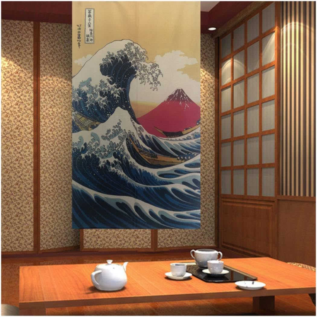 Noren - Cortinas japonesas para puerta, decoración asiática, cortina divisora de habitación, privacidad Ukiyo-e Sushi bar, restaurante (The Great Wave Off Kanagawa + Mount Fuji, 33.5 pulgadas 7