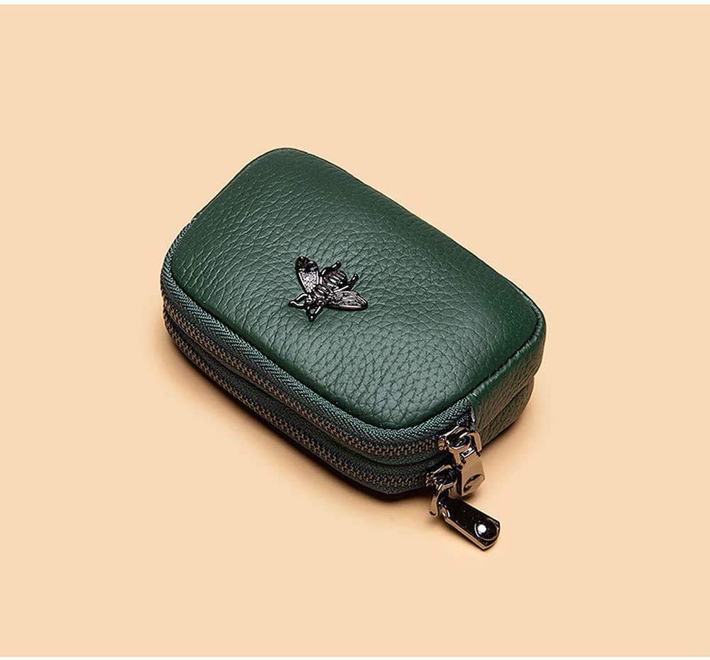 Monedero de Cuero Genuino para Mujer - Doble Cremallera Bolsa de Cambio Abeja Portatarjetas (Verde)