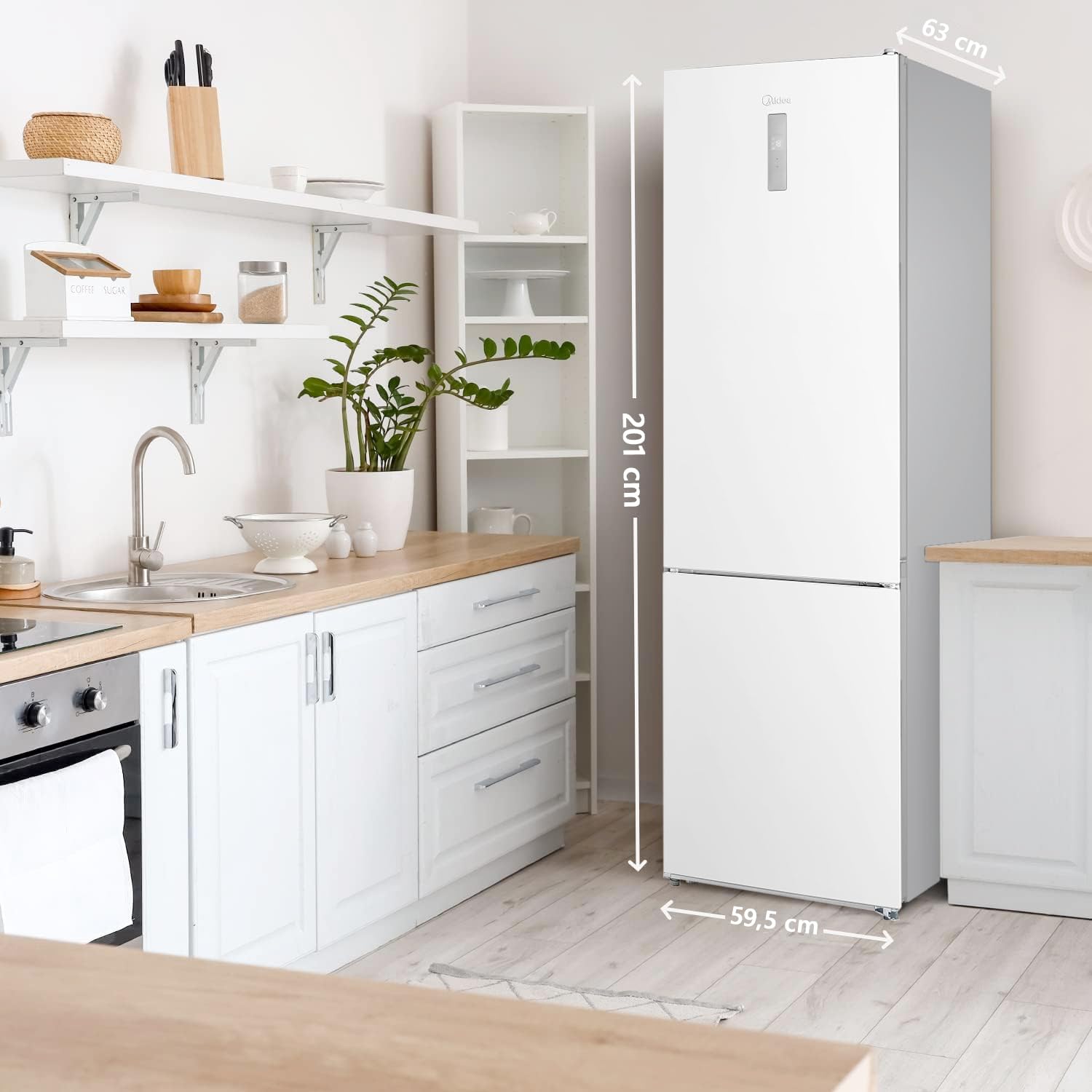 Midea Frigorífico Combi No Frost 59,5 cm ancho x 201 cm alto - Blanco - Nevera combi libre instalación 247 L + 83 L Congelador - Refrigerador de bajo consumo con congelador vertical No Frost
