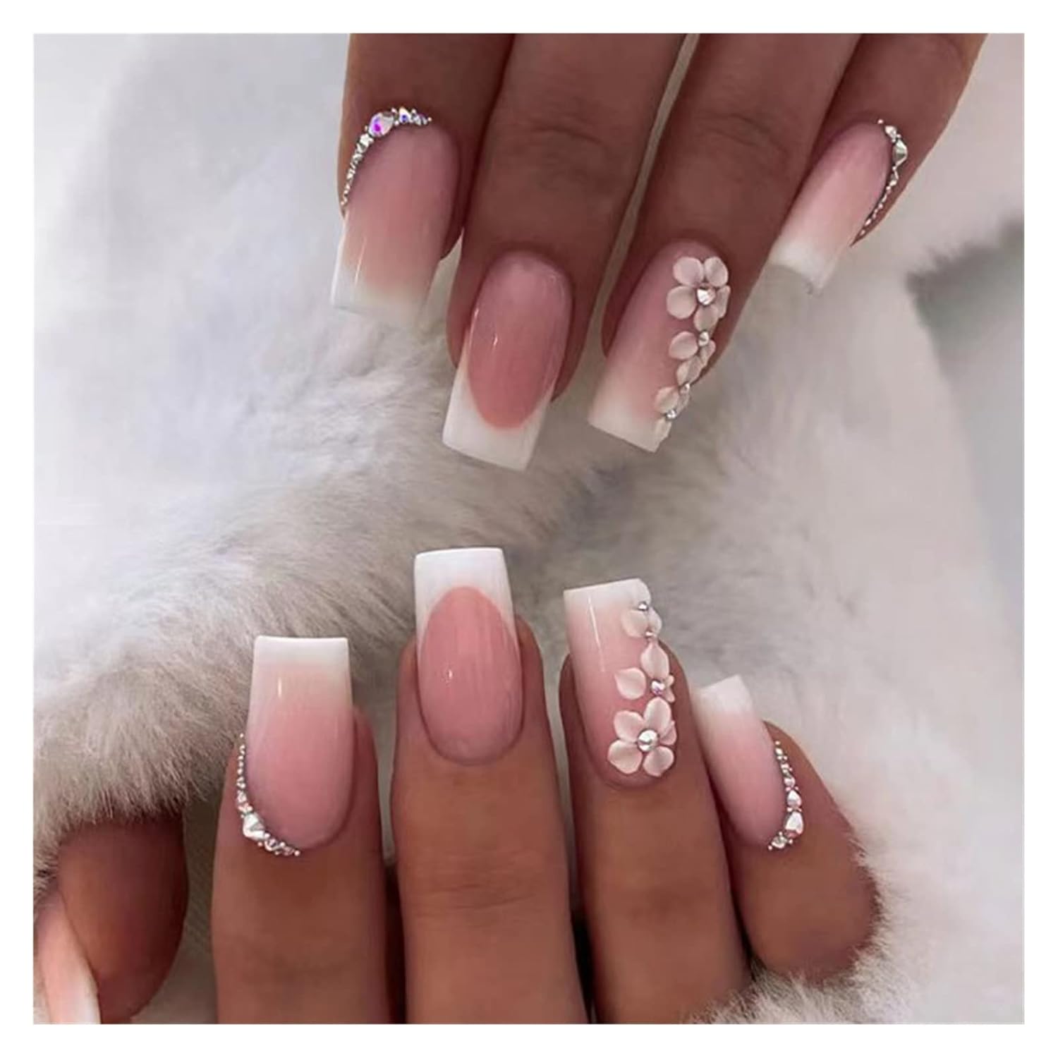 GeRRiT 24Pcs Pink French Fake Nails Long Ballet Rhinestone Design False Nails Press On Full Cover Acrylic Nail Tips Manicure Set Korea DIY Cream Luxury Summer Skirt Vintage Elegant