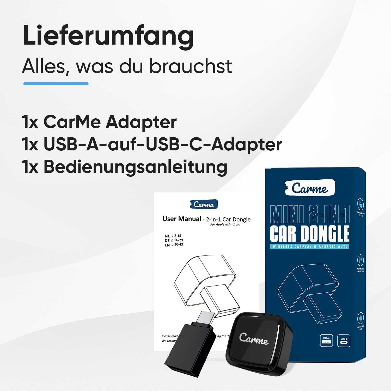 CarMe Ultra Mini 2-in-1 CarPlay Wireless Adapter & Android Auto Wireless Adapter, wandelt kabelgebundenes CarPlay & Android Auto in kabellos um, Easy Plug & Play für iOS 10+/Android 11+ (Schwarz)