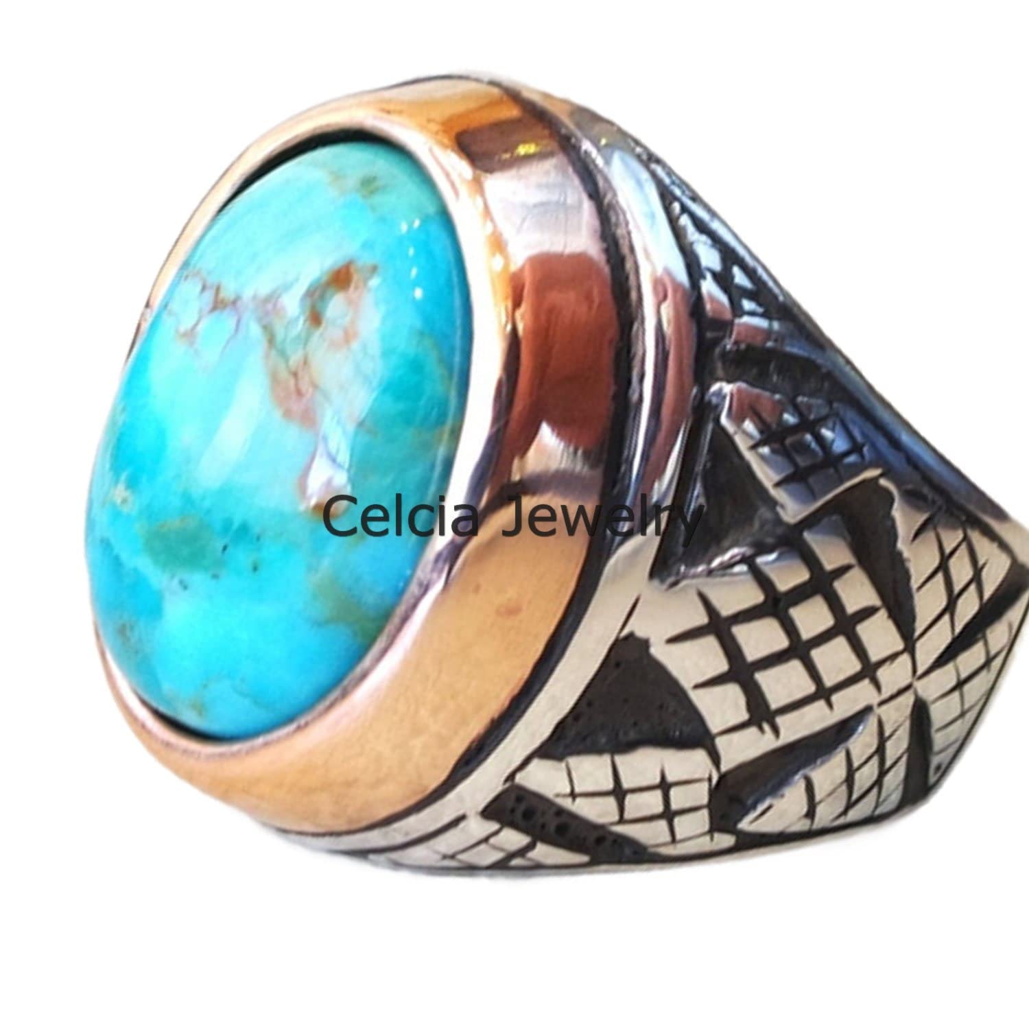Anello ovale cabochon con pietra preziosa blu turchese dell'Arizona, anello semi prezioso in stile mediorientale, regali per la festa del papà, anello bicolore ossidato in argento (turchese Arizona)