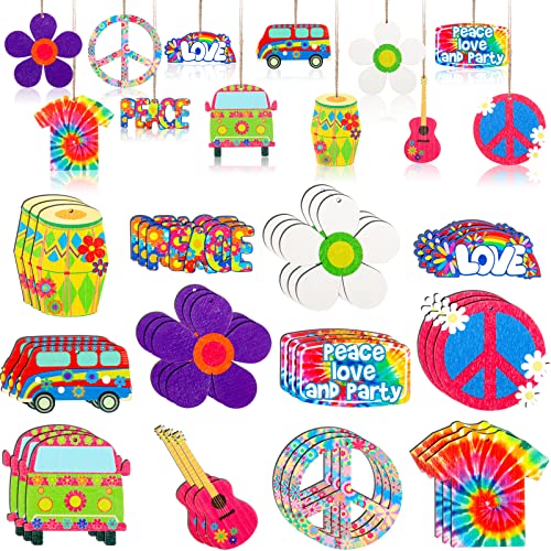 Jetec 36 Pieces 60's Hippie Groovy Party Wooden Hanging Ornaments Retro Flower Peace Sign Tie Dye Decorations for 60s 70s Hippy Vibe Birthday Baby Shower DIY Craft Supplies