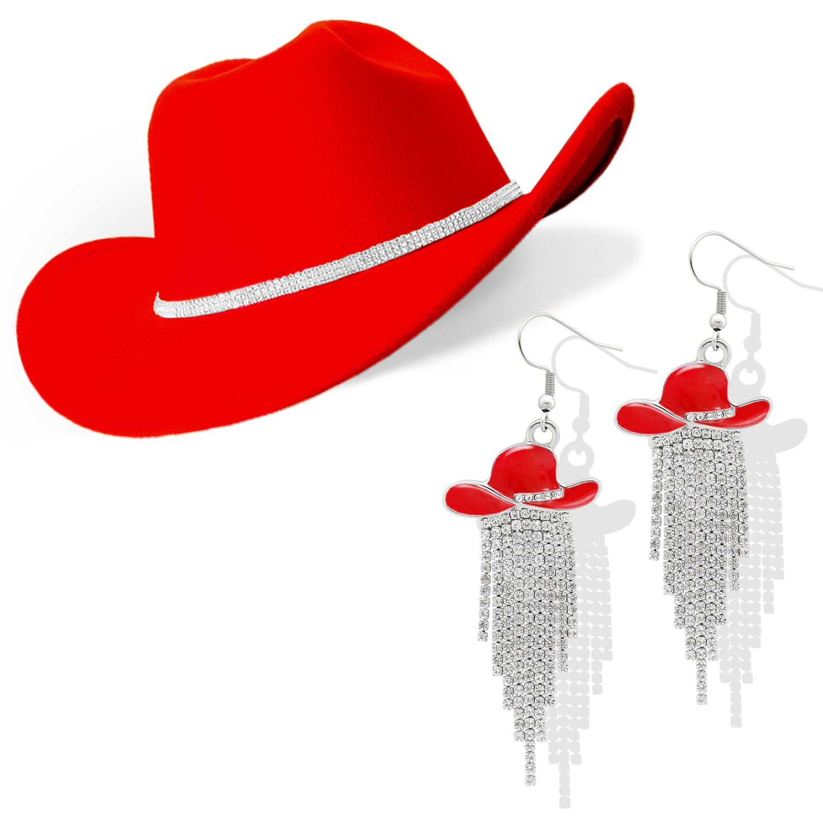 Aswitnove Cowboy Hat Rhinestone Cowgirl Boots Earrings Set Western Earring Felt Fedora Jazz Hat Rodeo Outfit for Women Size M