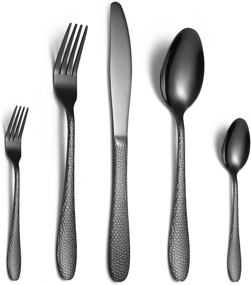 Hammer Strike Snakeskin Pattern Handle Kitchen Stainless Steel Silverware Tableware Flatware Cutlery Set Steak Knife Fork Spoon Teaspoon (Rose Gold,16 pieces)