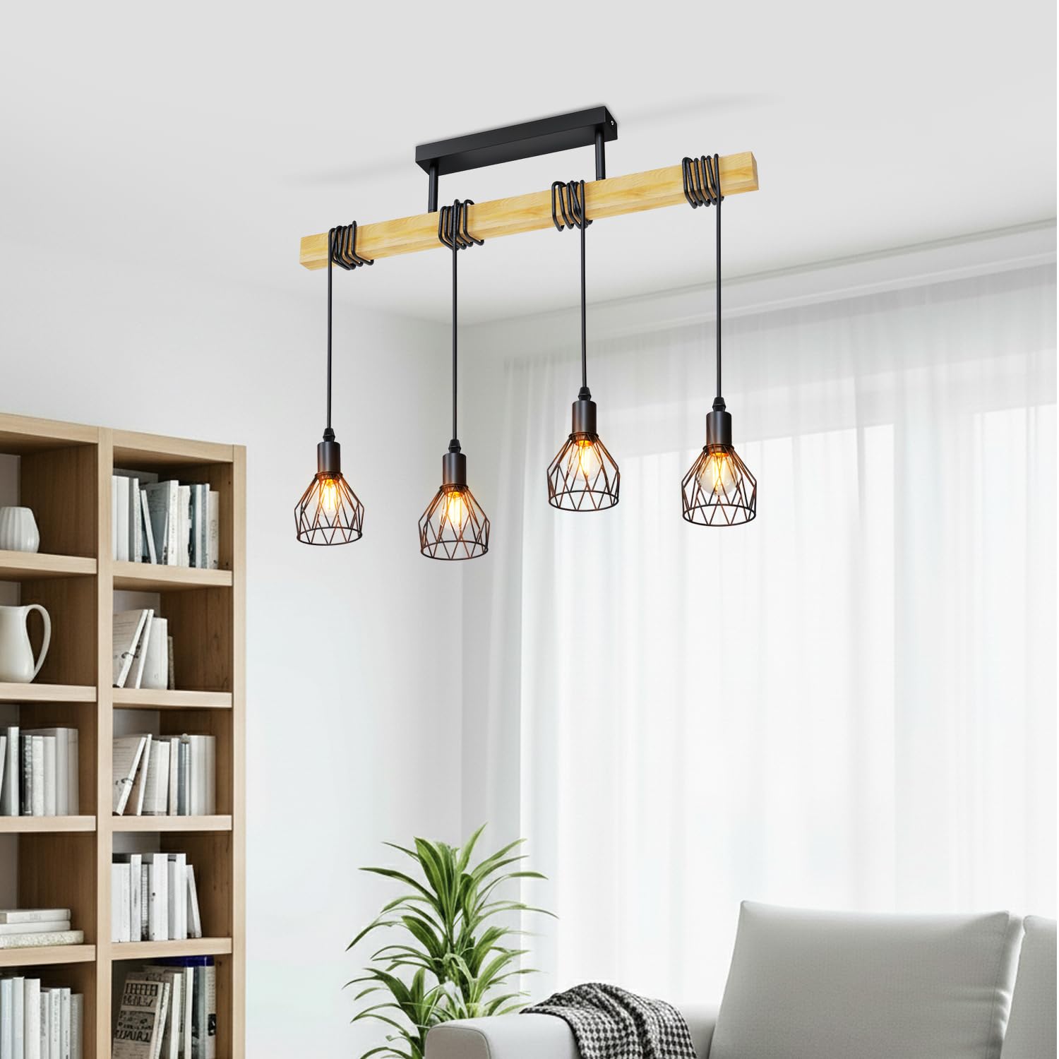 LVWIT Lampadario Sospensione E14, Lampade a Sospensione Rustici con 4 Luci, Lampadario Camera da Letto Nero, Base di Legno, Lampadari per Cucina, Sala da Pranzo, Soggiorno (Senza Lampadina)