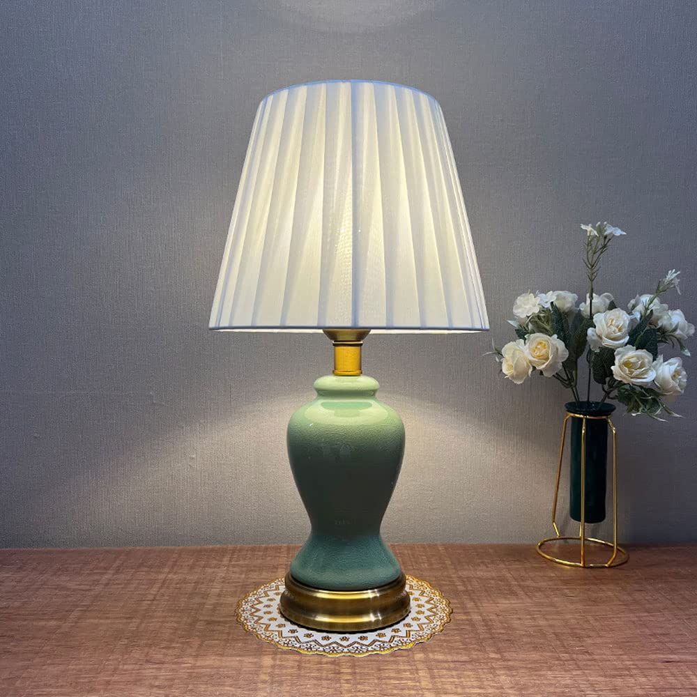 asdchZen Ice Crack Ceramic Table Lamp For Living Room Bedroom Office, Emerald Green Ceramic Glaze Desk Lamps, Country Villa Style Cloth Art Lampshade-A,A