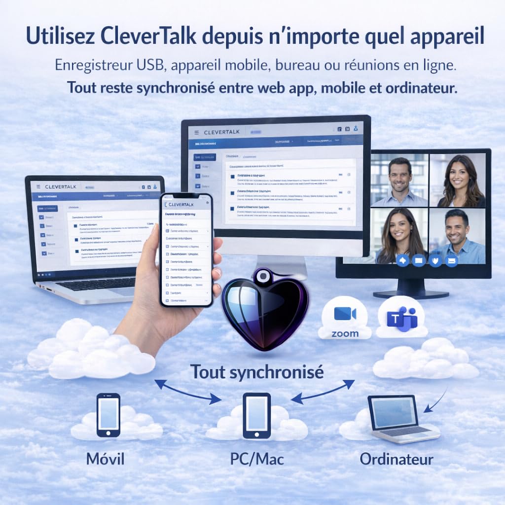CleverTalk Heart Enregistreur Vocal avec IA | Activation Vocale | App Mobile, Mac, Windows et Web | Cloud Européen RGPD | 64GB | Audio HD 1536kbps | USB-C