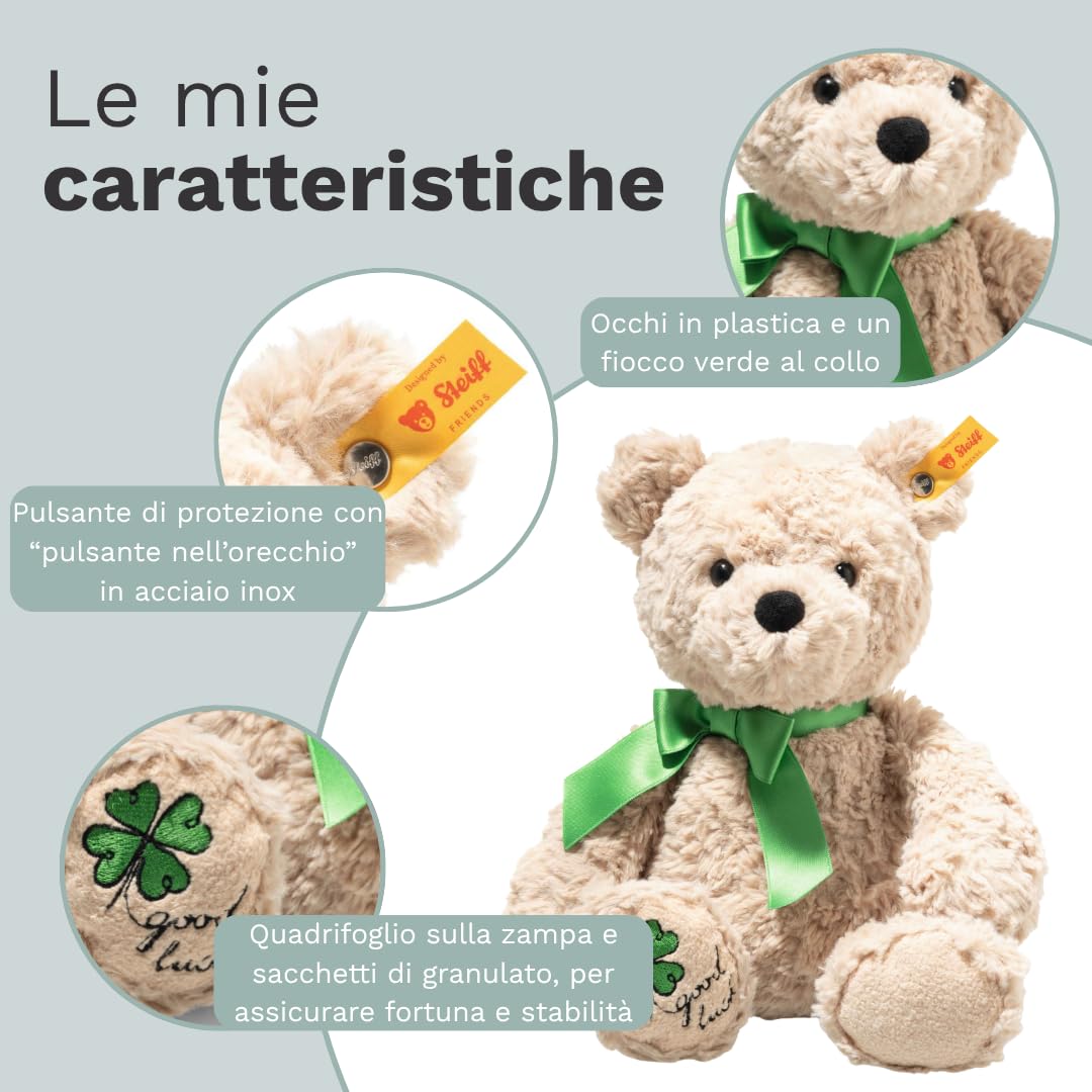 Steiff Peluche Orsacchiotto Jimmy Good Luck, dolce animale di stoffa per bambini, ragazzi e ragazze, Friends, pupazzo di 30 cm, beige, 114144