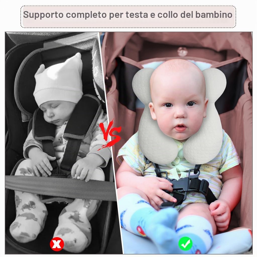cuscino da viaggio per neonati con supporto per la testa (aggiornato), morbido cuscino in cotone per neonati per seggiolini auto e passeggini, bianco