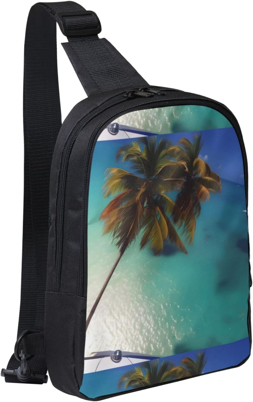 Beach Coconut Sunshine Adjustable Strap Large Capacity Double Layer Crossbody Chest Bag 7.7x2.4x11.8in For Camping Travel Daily Leisure Activities