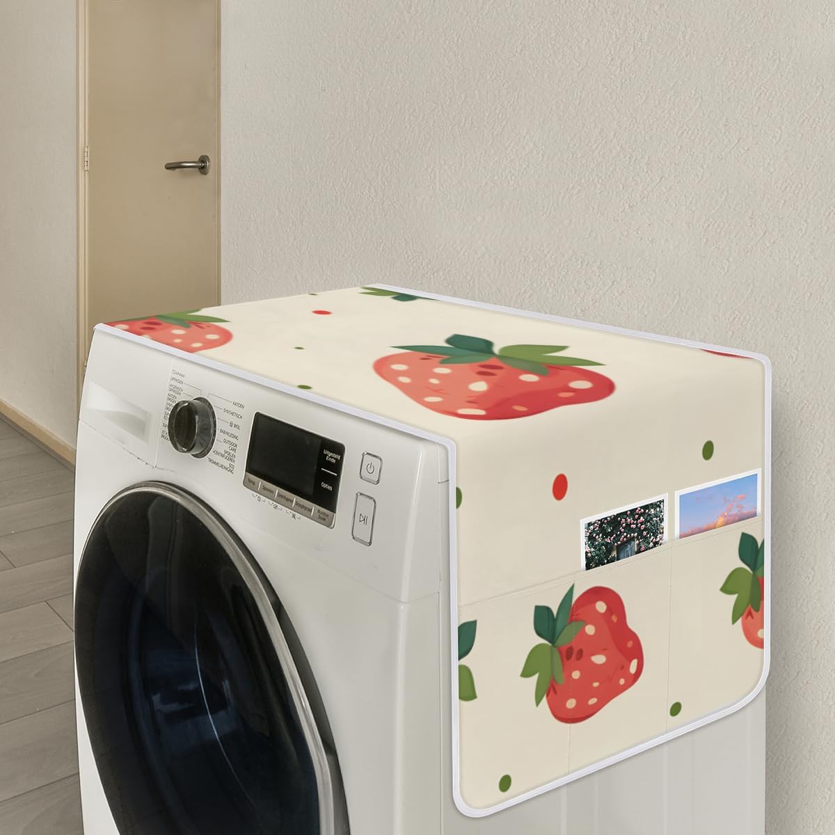 Strawberry Washer and Dryer Covers for the Top with Storage Pockets,Dustproof Waterproof Pad Top Protector Mat Organizer for Home Kitchen Laundry Room