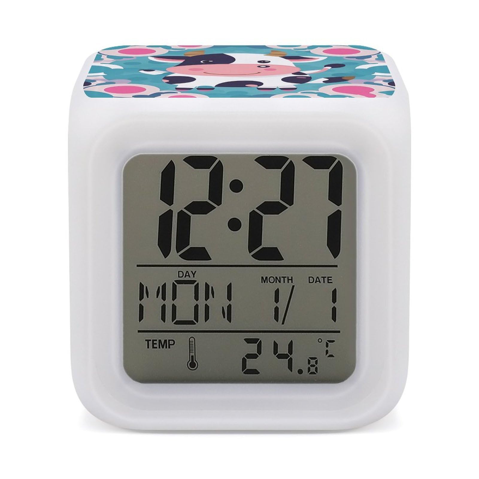 VstaDank Cute Cow Polka Dot Alarm Clock with Date Temperature Large LED Display Number Clocks with 7 Colors Changing Desk Clock Battery Operated Digital Clocks with Date for Heavy Sleepers