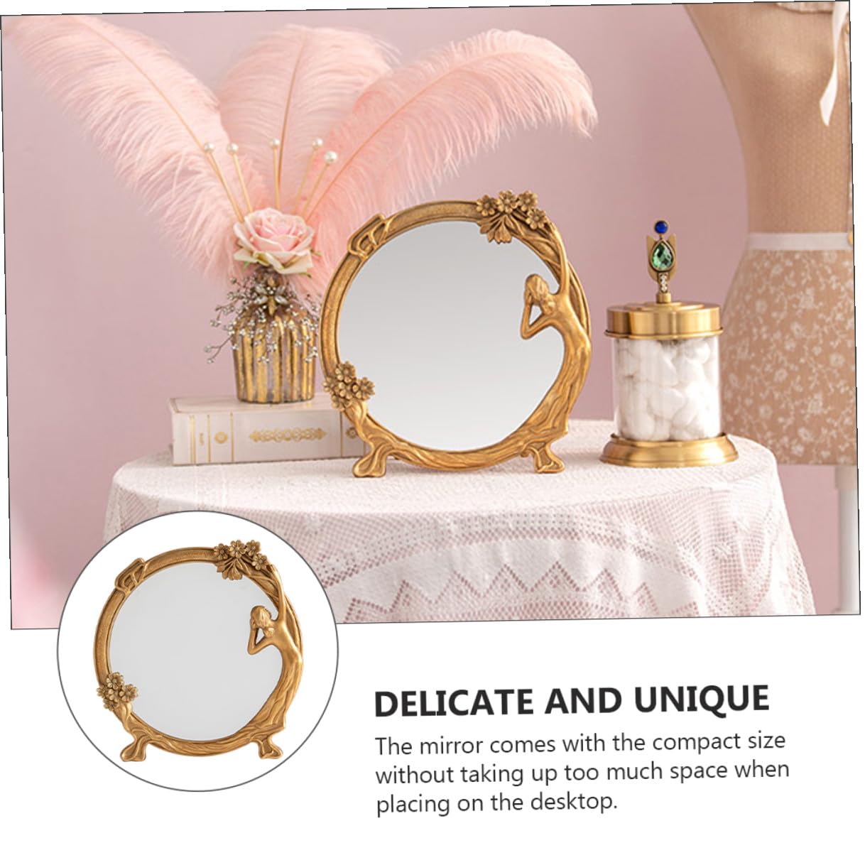 ABOOFAN Vintage Schminkspiegel als Tischspiegel mit Reliefornament, Gold