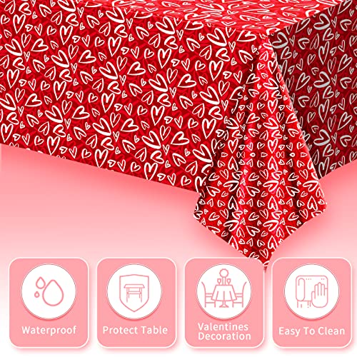 Image of 3 Pcs Valentines Tablecloth-Heart Love Valentine's Table Cover, Disposable Plastic Rectangle Heart Table Cloth for Valentine's Day, Wedding, Engagement Anniversary, Birthday Party, 54x108 inch