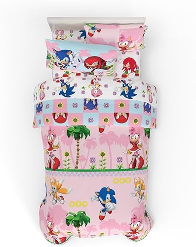 Franco - Juego de edredón y sábanas supersuaves con funda de almohada, anime, para niñas, 5 piezas, tamaño individual, Sonic (producto con licencia