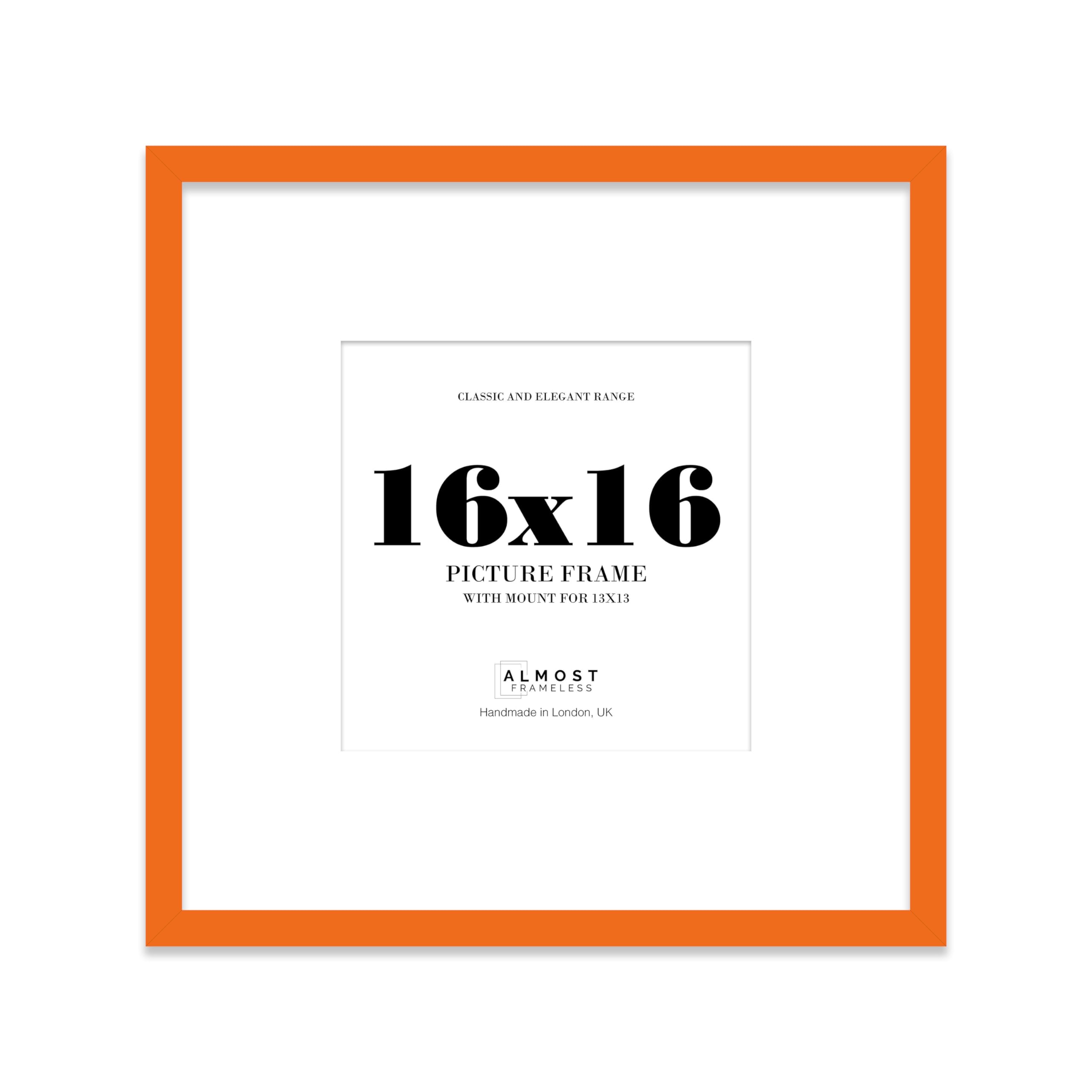 Almost Frameless 16x16 Square Picture Frame, Display Pictures 13x13 With Mat or 16x16 Without Mat, Wall Hanging & Free Standing Photo Frame, Orange, 1 Pack