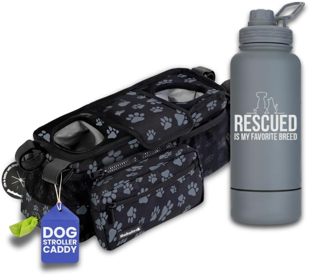 rubyloo Dog Stroller Caddy Organizer (Paw Print) & 32 oz Insulated Water Bottle with Attached 8 oz Bowl (Rescued is My Favorite Breed) – Stroller Organizer & Hydration Set