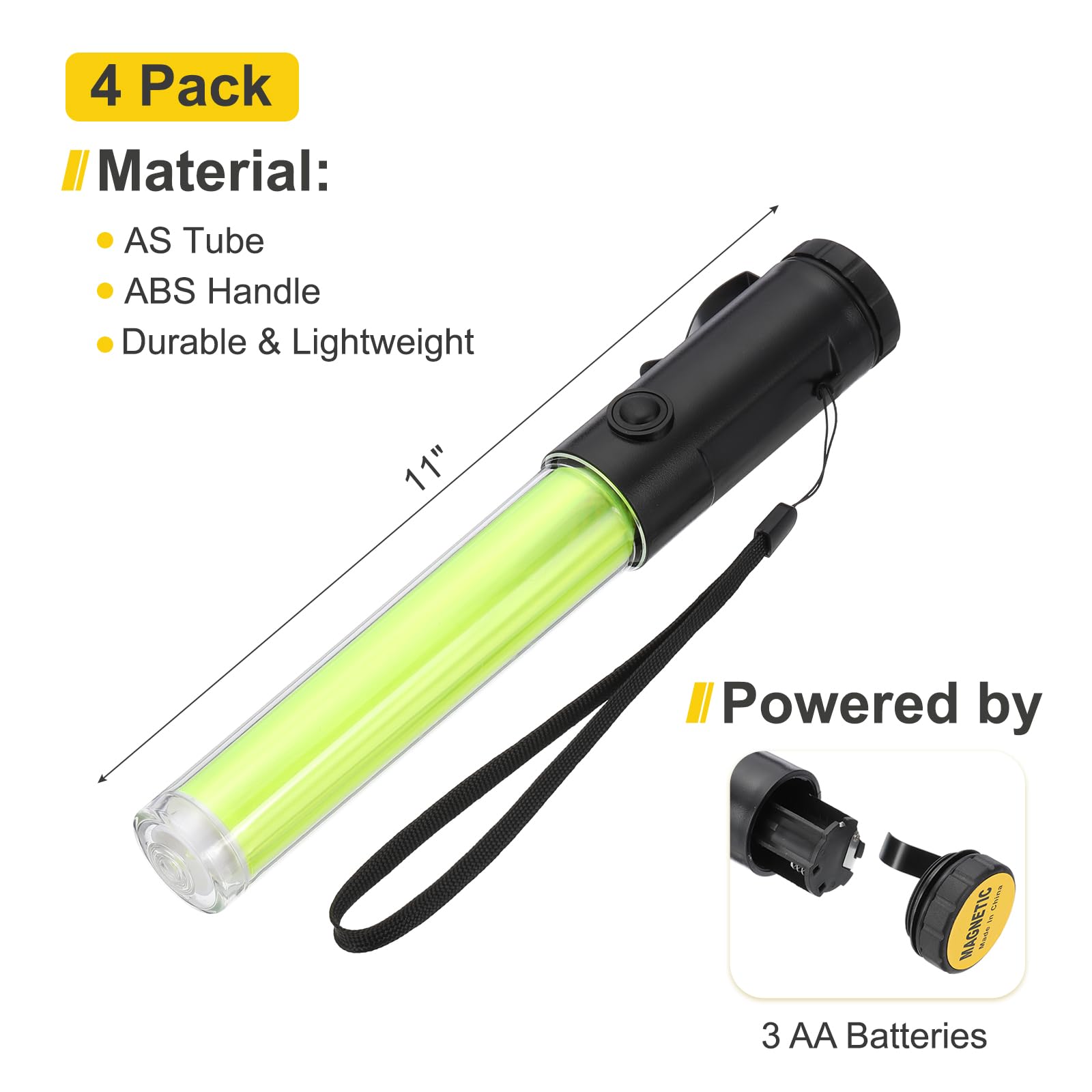 PATIKIL 4 Confezione 11 Pollice Bacchetta Segnaletica Traffico, Bacchetta Controllo Traffico Aereo Torcia LED con 3 Modalità Lampeggiante Clip Laterale Cinturino Polso Lanyard, Giallo