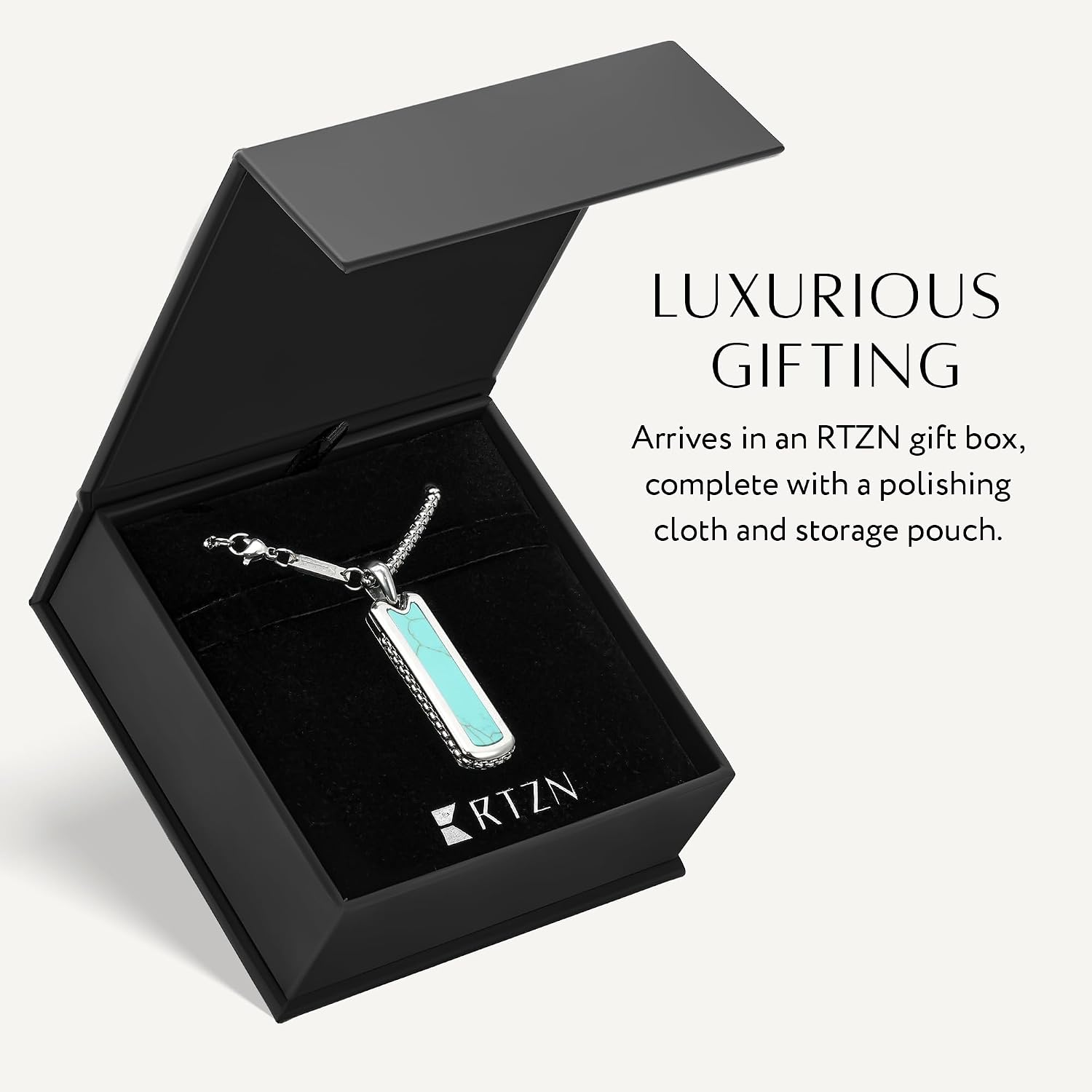 RTZN® Turquoise Necklace for Men – Premium Mens Turquoise Necklace Dog Tag Pendant with Stainless Steel Box Chain 22" Inch + 2" Extension - Mens Western Necklace