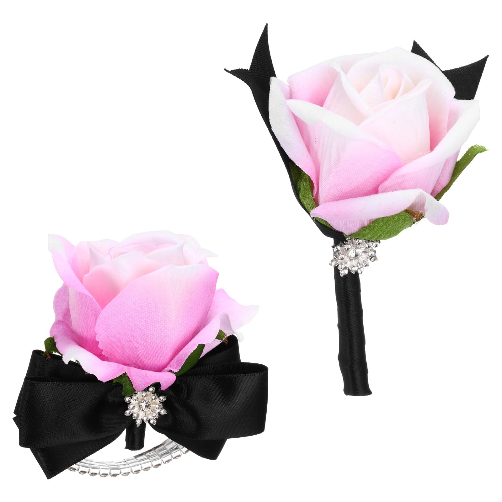 sourcing map 2Pcs Rose Wrist Corsage Boutonnieres Set, Artificial Wrist Corsages Men Boutonnieres with Black Satin Ribbon Rhinestone Decor for Prom Wedding Party, Rose Pink