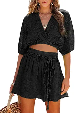 Dokotoo women vacation outfit set with v-neck bat sleeves crop top side-split flowy skirt