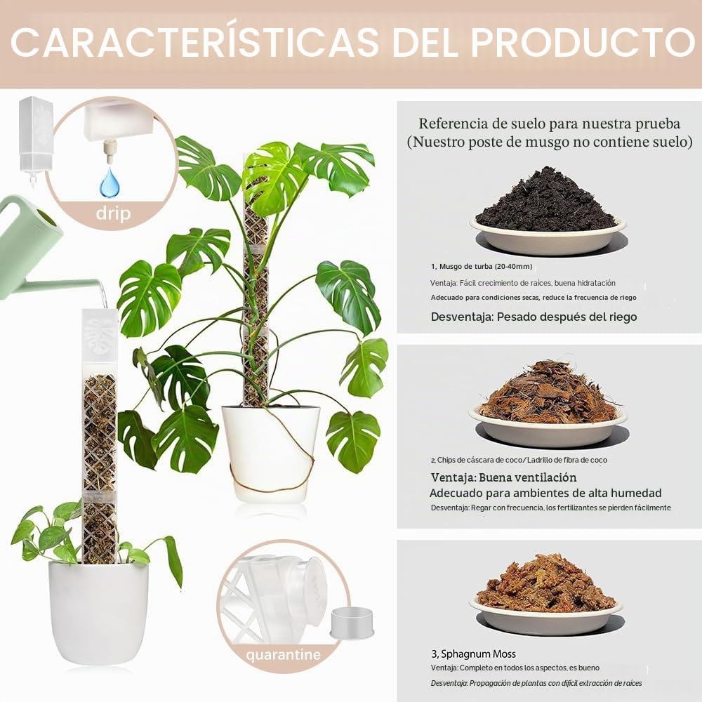 Moss Pole,6 Piezas Tutores para Plantas Trepadoras,Tutor Monstera,6 Tutor Musgo Plastique, 4 Alfileres, 4 Botellas de Goteo, 4 Diafragmas de Reproducción, 100 Bridas,para Hiedra, Monstera, Pothos