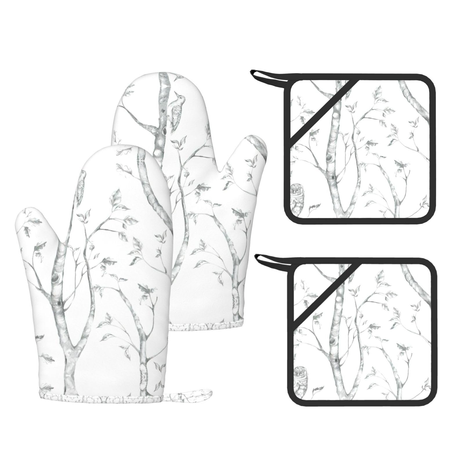 Gray Woods and Birds Printed Cooking Mitts and Pot Holders 4 Pcs, Heat Resistant Oven Gloves with Hanging Loop Chef