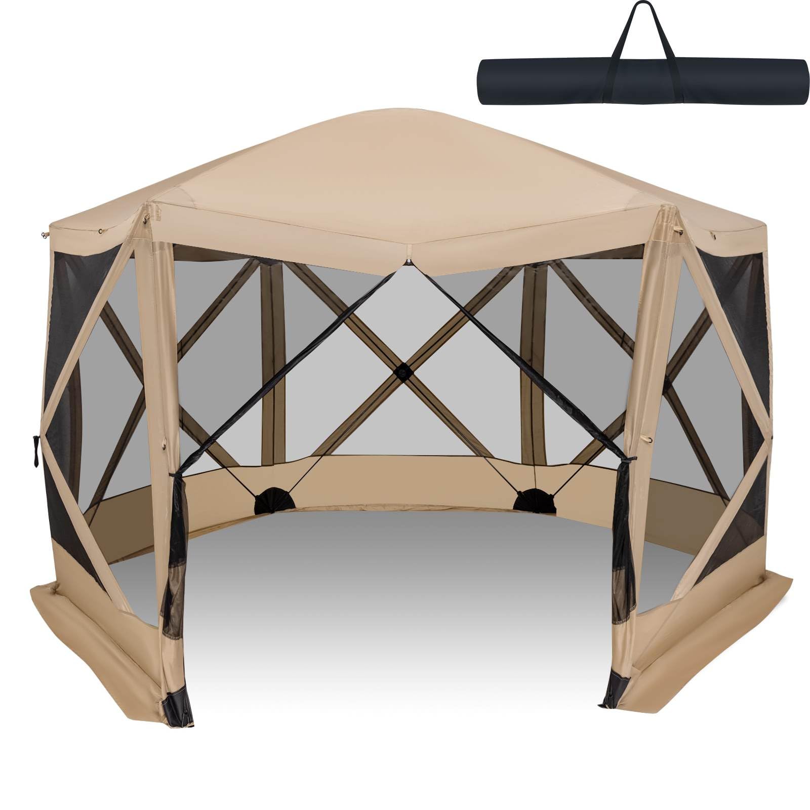 TANGZON 2.3 x 2.3m/3.5 x 2.3m/3.5 x 3m Pop Up Canopy Tent, Camping Sunshade Shelter Gazebo with 4/6-Sided Walls, Carrying Bag, UV 50+ Heavy-duty Marquee Tent Canopy (Khaki, 346 x 305 x 225 cm)