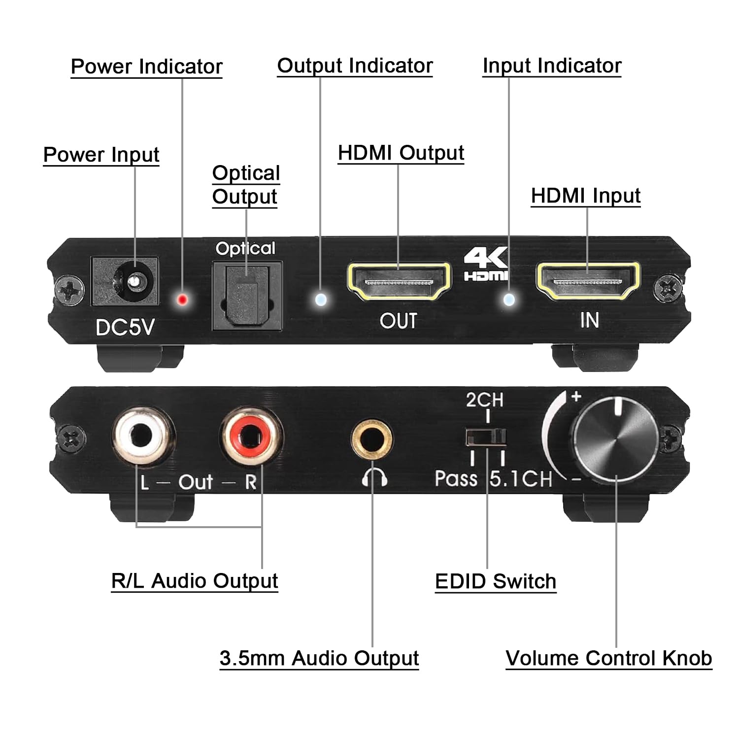 HDMI 2.0 Convertisseur Audio, HDMI Optique Toslink SPDIF 3.5mm Stéréo RCA L/R Sortie Audio Extracteur Avec Contrôle du Volume Soutien 4k@60hz HDCP 2.2 HDR 3D Yuv 4:4:4 Pour PS5 Blu Ray