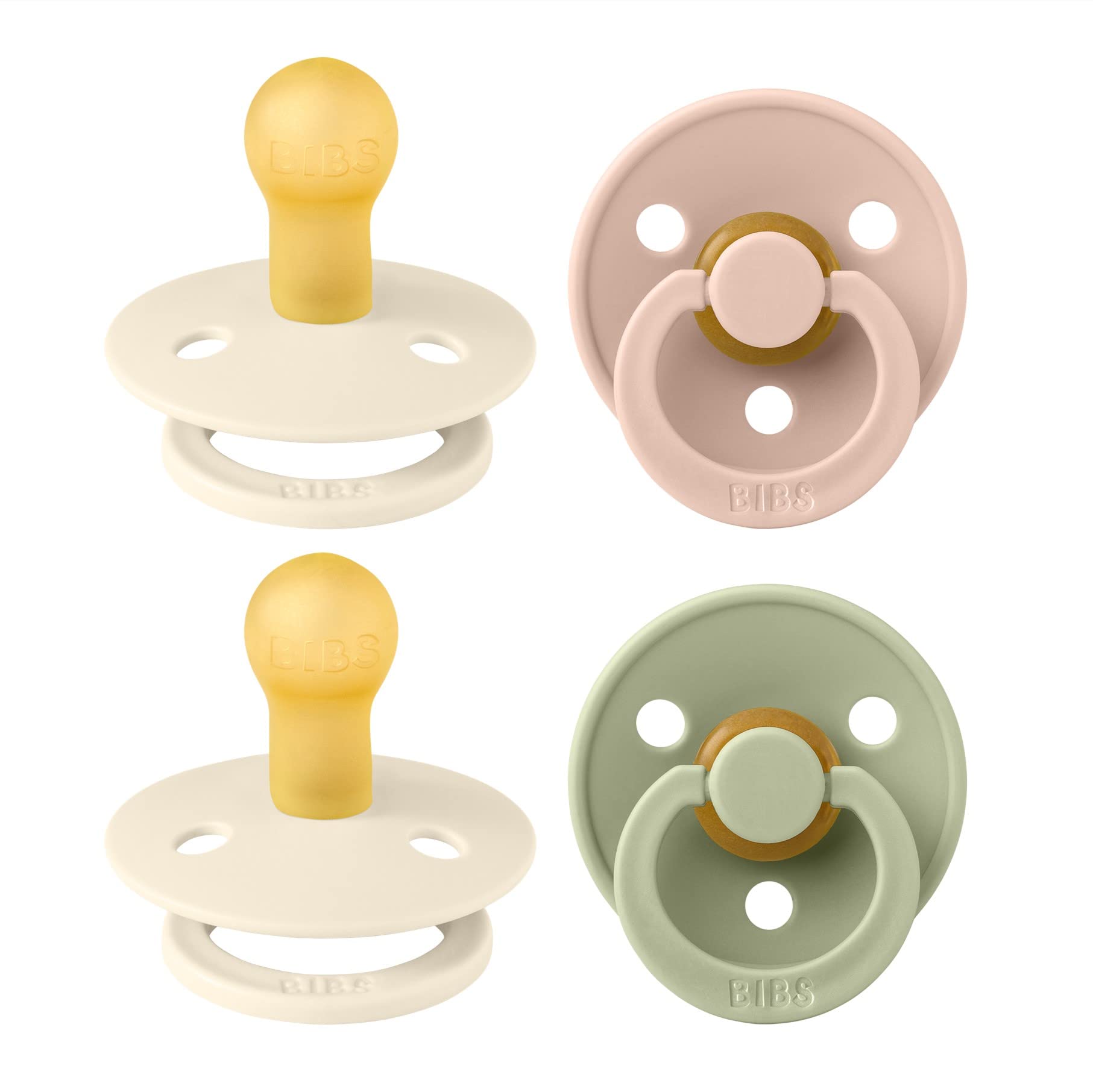 BIBS Dummies Colour 4-Pack, BPA Free Dummy Pacifier, Round Nipple Soothers, Natural Rubber Latex, Made in Denmark. 0-6 Months (Pack of 4), Ivory Mix