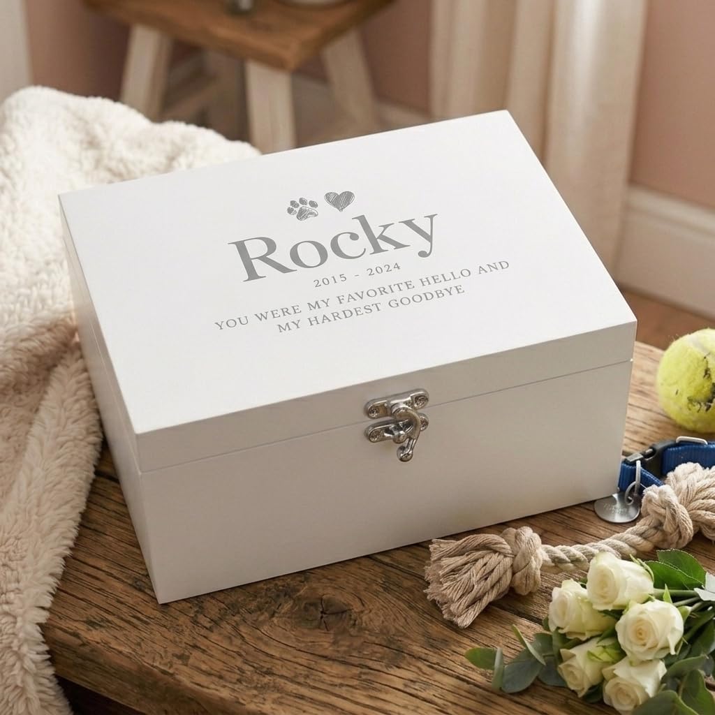 Caja de recuerdo de madera blanca personalizada para mascotas | Regalo de condolencias por la pérdida de mascotas | 27 x 19 x 14 cm