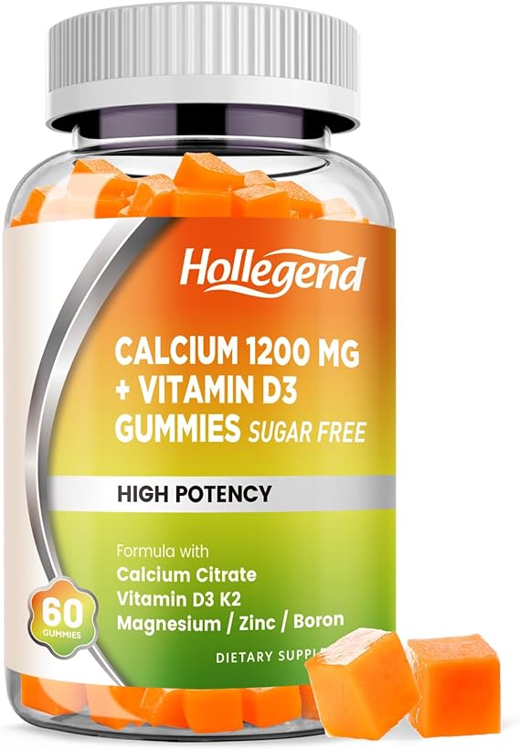 Calcium 1200 mg with Vitamin D3 Gummies, Calcium Citrate Chewables with Magnesium Zinc Vitamin K2 Boron, Bone Health, Sugar Free, 60 Count