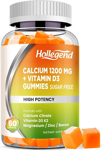 HOLLEGEND Calcium 1200 mg with Vitamin D3 Gummies, Calcium Citrate Chewables with Magnesium Zinc Vitamin K2 Boron, Bone Health, Sugar Free, 60 Count