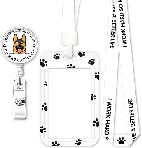 ZBBFSCSB Juego de tarjetas de identificación con texto en inglés "I Work Hard So My Dog Can Have A Better Life", soporte retráctil para carrete de