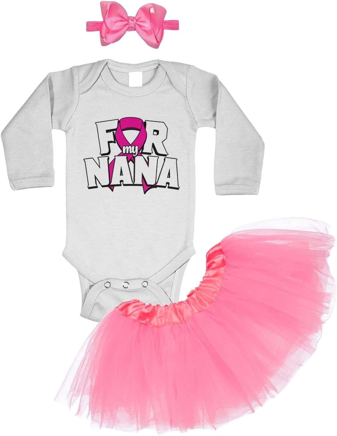 For My Nana - Breast Awareness Ribbon Baby Bodysuit + Tutu Skirt + Bow Headband Set