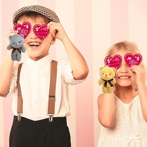 Miniatura 6 de LUKBERA Paquete de 28 tarjetas de corazón para el día de San Valentín para niños con mini oso de peluche, juguetes de peluche de animales pequeños