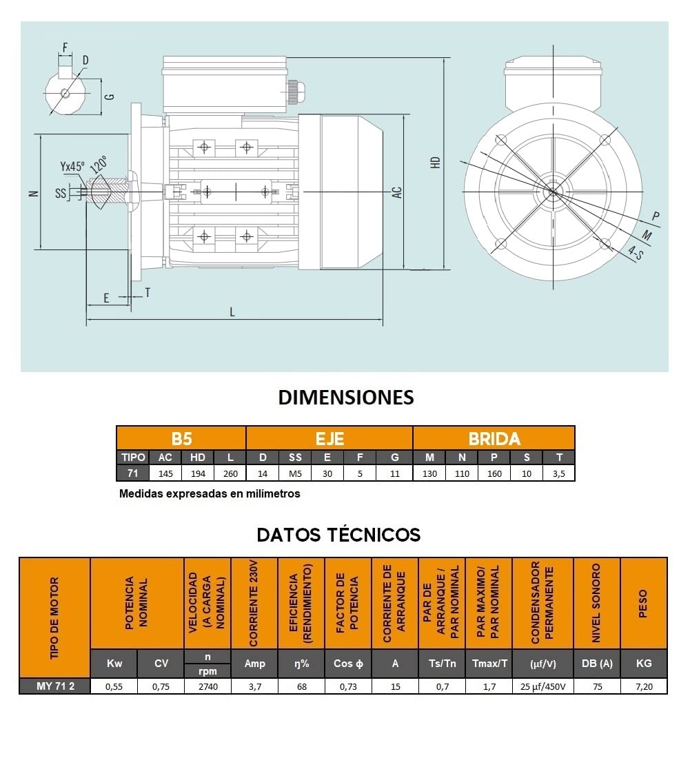 MOTOR ELECTRICO CEMER MONOFASICO 3000 RPM 230V 0,55KW / 0,75CV TAMAÑO 71 Ø DEL EJE 14mm BRIDA B5 160mm ARRANQUE MEDIO