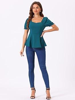 Allegra K Peplum Top for Women's Elegant Ruffles Puff Sleeve