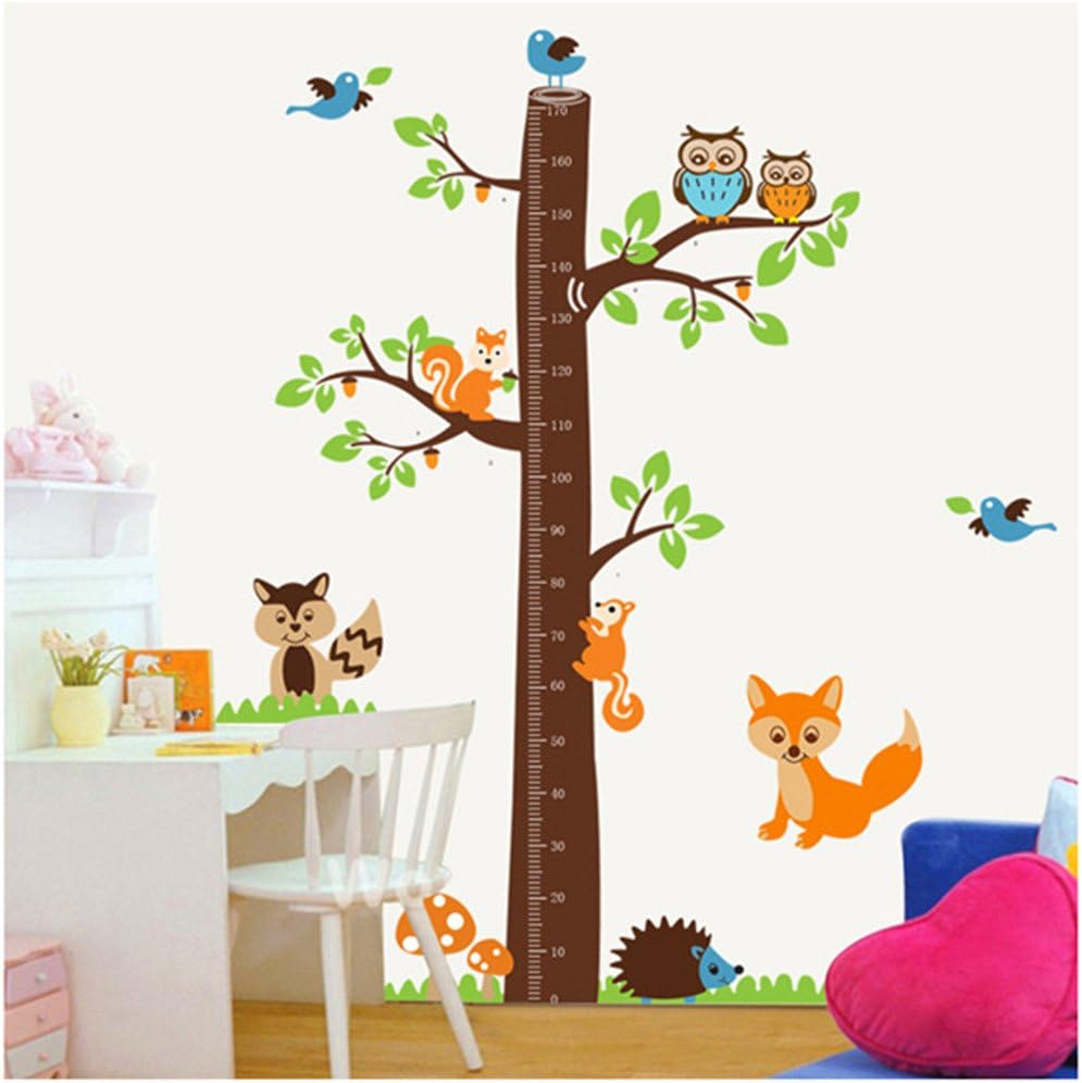 SugarM Large jungle owl tree wall sticker baby boys girls bedroom growth chart decal woodland fox squirrel hedgehog wall decor for baby nursery removable (180cm height)