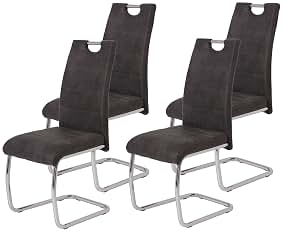 Hela Tische, Flora II Set de 4 Sillas Basculantes, Sillas de Cocina de Microfibra Antracita de Aspecto Vintage, Estructura de Tubo Redondo Cromado, Respaldo con Agarre