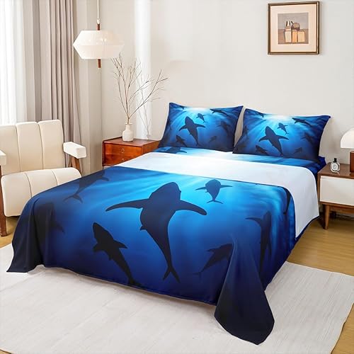 Erosebridal Juego de sábanas y fundas de almohada tamaño Queen con temática oceánica de mar marino, juego de sábanas y tiburones ballenas, bonito